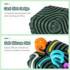 Accevo silicone fidget cube close up highlighting the fifteen customizable elastic strings looped through the board.