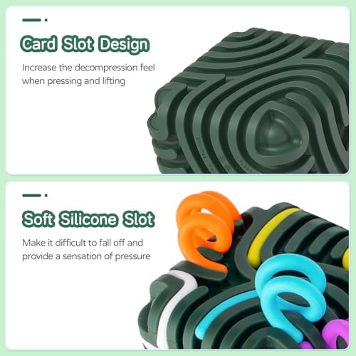 Accevo silicone fidget cube close up highlighting the fifteen customizable elastic strings looped through the board.