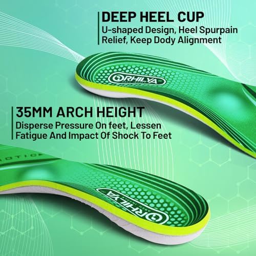 Side profile of ORHILYA size 10 290mm insoles showing deep heel cup.
