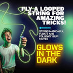 Authentic ZipString Luma floating a luminous green loop of string in a dark room environment.