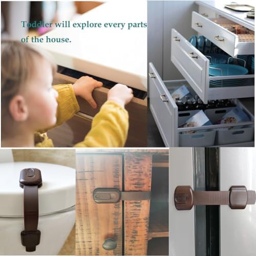 Brown baby safety locks attached to a wooden double door cupboard