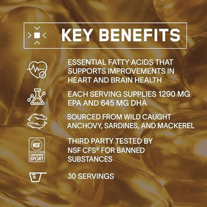 Bare Performance Nutrition Omega 3 triglyceride fish oil softgel capsules container with IFOS and NSF sport certifications
