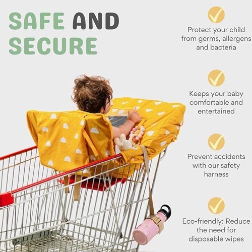 Del & Fin yellow baby cart seat cover demonstrating the compact folded travel pouch design.
