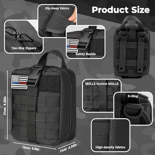 Compact first aid kit dimensions shown next to standard travel gear.