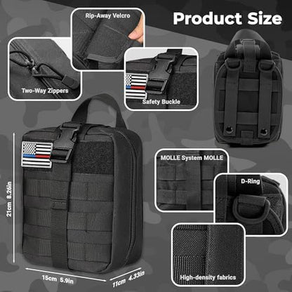 Compact first aid kit dimensions shown next to standard travel gear.