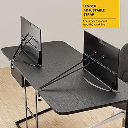 Side view illustration of the drill free television anchor clamping onto a thick wooden desk surface.