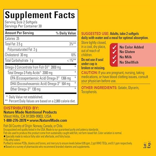 Nature Made Extra Strength Fish Oil 60 softgels supplement facts panel listing active EPA and DHA ingredients.