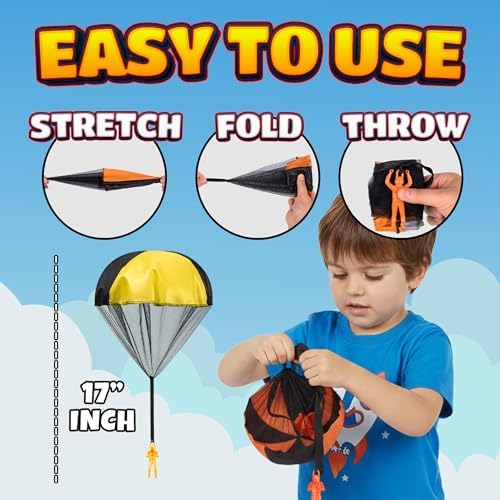 Kid throwing an orange parachute army toy high into the bright blue sky