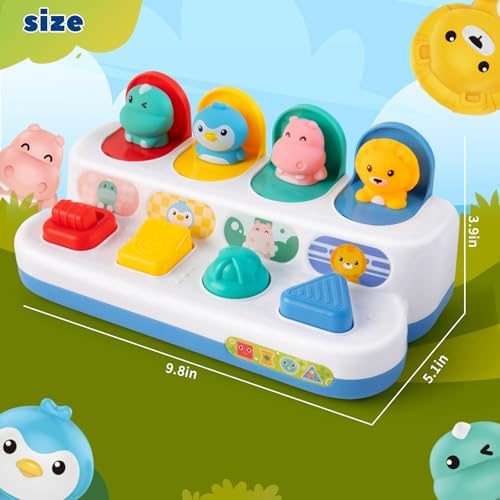 Baby push button pop up animal toy with toddler hand pressing the green lever.