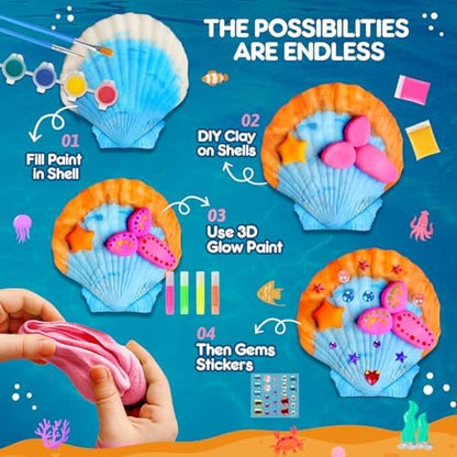 EPUMP DIY arts and crafts activity kit displaying the glowing effects of the paint on finished shell projects.