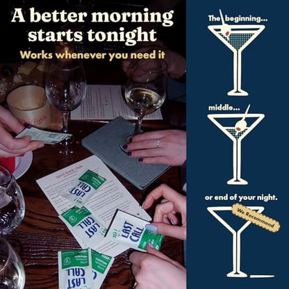 Last Call dihydromyricetin recovery supplement sachets spread out on a clean surface