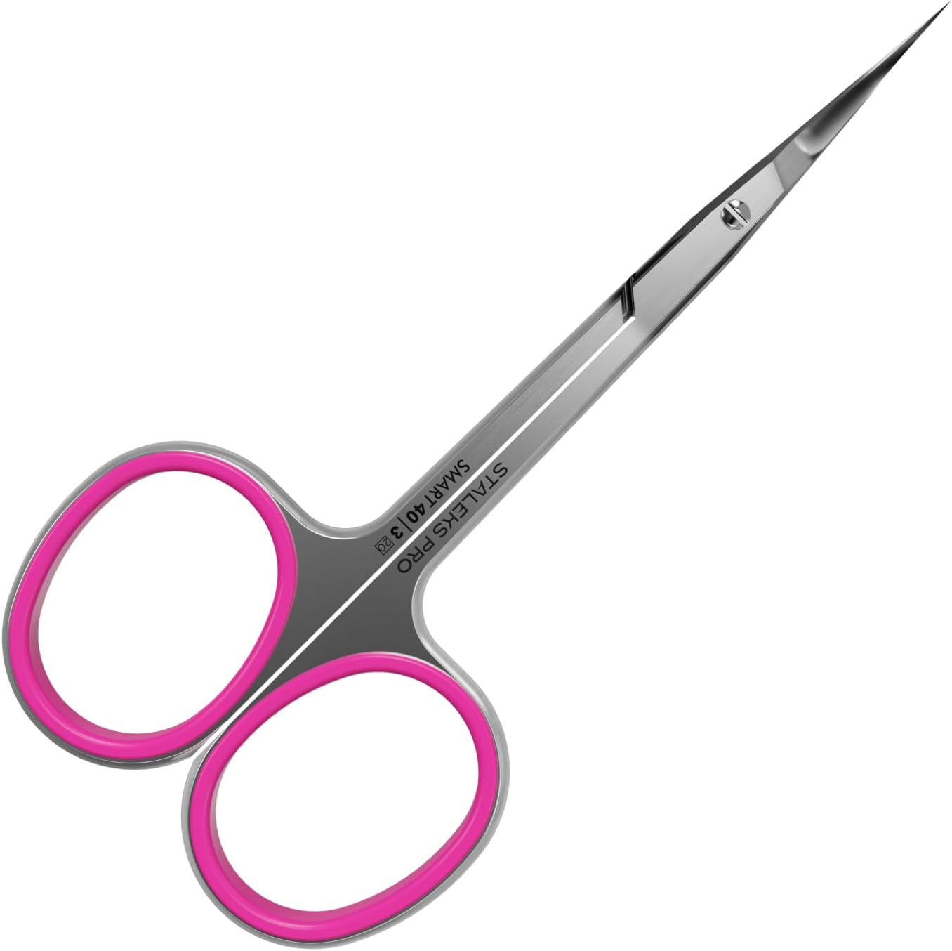 Staleks Pro Smart 40 Type 3 Cuticle Scissors front view showing pink silicone inserts