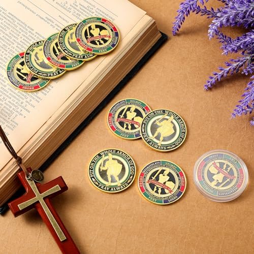 Classic style Nosiny Christian devotional coins arranged in a neat row