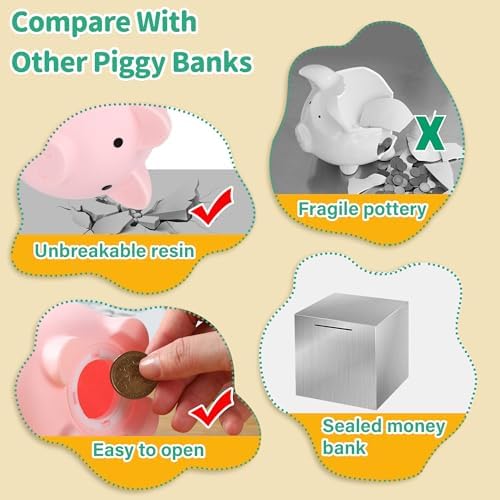 H&W small pink money container being held by a child to show its compact toddler friendly size.