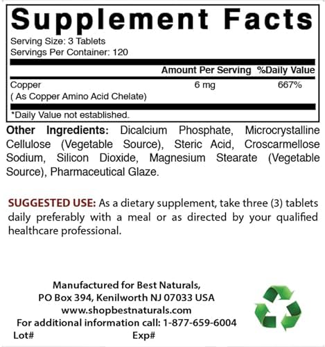 Best Naturals Copper Chelate supplement facts label