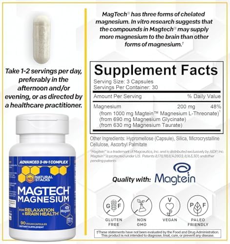 Natural Stacks MagTech dietary supplement showing premium 3-in-1 chelated magnesium ingredients list.