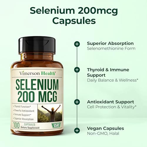 Close-up of the easy-to-swallow vegetable capsules from the Vimerson Health Selenium mineral supplement.