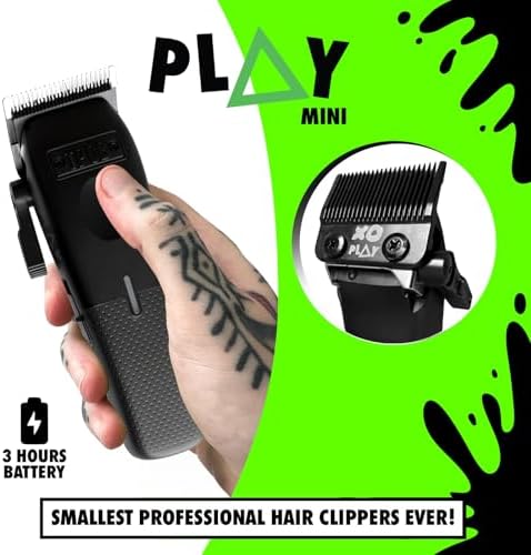 Side profile of the cordless TPOB Play Mini hair trimmer showcasing the adjustable SnapTek lever arm positions.