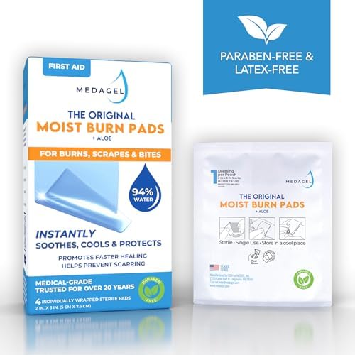 Medagel burn pad ingredients list featuring purified water and aloe vera