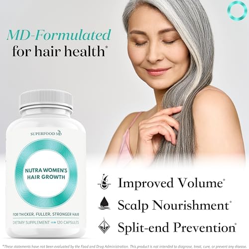 Superfood MD Nutra Womens Hair Growth 120 capsules container highlighting 26 ingredients blend for women forty five plus