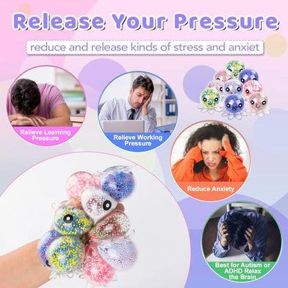 Miniature octopus desk toys in pink blue and green showing flexible material texture