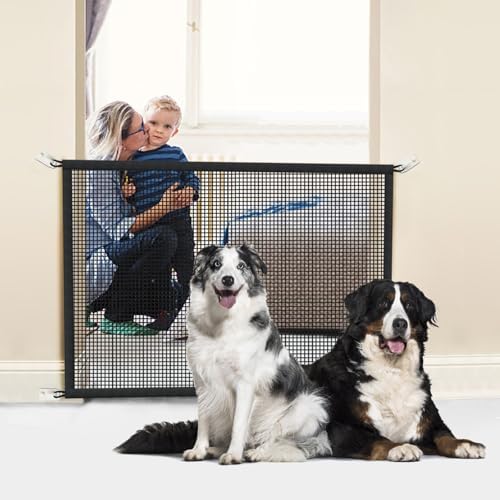 Cupount black polyester pet gate securing an indoor doorway opening.