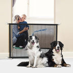 Cupount black polyester pet gate securing an indoor doorway opening.