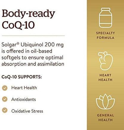 Gluten free and dairy free Solgar Ubiquinol softgels label and dosage instructions