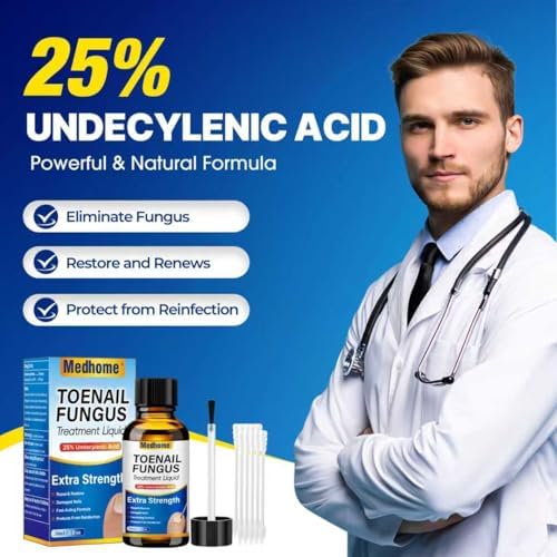Close up of 25 percent undecylenic acid solution label emphasizing premium ingredients for yellow nail repair.