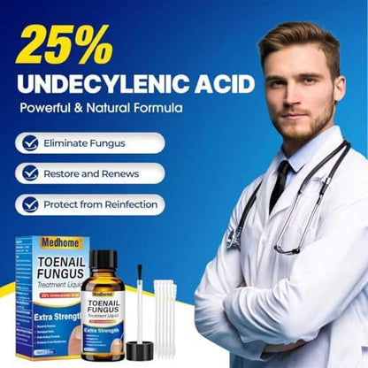 Close up of 25 percent undecylenic acid solution label emphasizing premium ingredients for yellow nail repair.