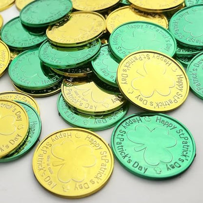 UOUYOO St Patricks Day coins pack displayed alongside themed holiday classroom decorations.