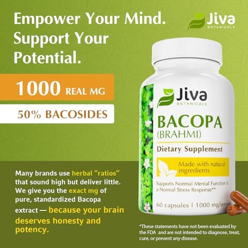 Rear view of Jiva Botanicals Bacopa Monnieri 1000mg capsule packaging.