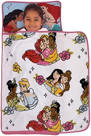 Disney Princesses Courage and Kindness nap mat showing attached white plush blanket close up