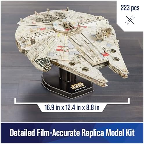4D Build Millennium Falcon model kit displaying punch-out cardstock sheets and included assembly glue.