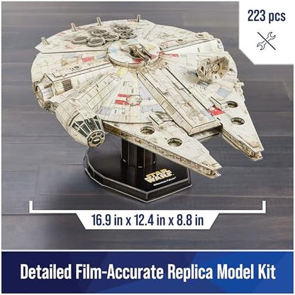 4D Build Millennium Falcon model kit displaying punch-out cardstock sheets and included assembly glue.
