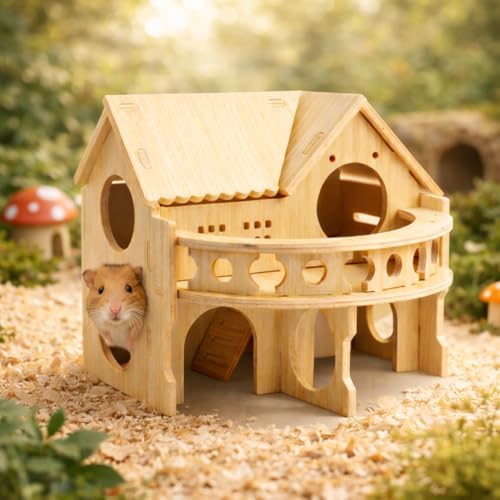 Improved Safety Large Balcony Small & Cute Wooden Hamster House with Large Balcony - Double-Decker Forest-Style Hut for Dwarf Hamsters, Mice, Gerbils, Rats & Small Pets (Compact Size Only) - Image 3