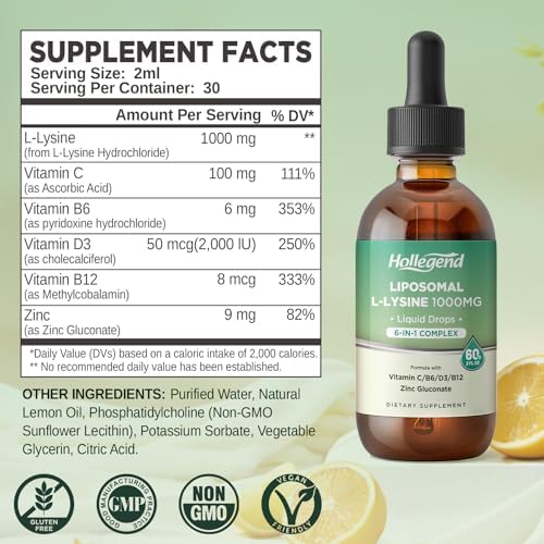 Hollegend Liposomal L-Lysine supplement nutritional information label