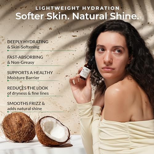 Pure cold pressed liquid coconut carrier oil bottle packaging displaying instructions and product facts