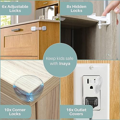 Close up of Inaya adjustable safety latches installed on a kitchen cabinet door.