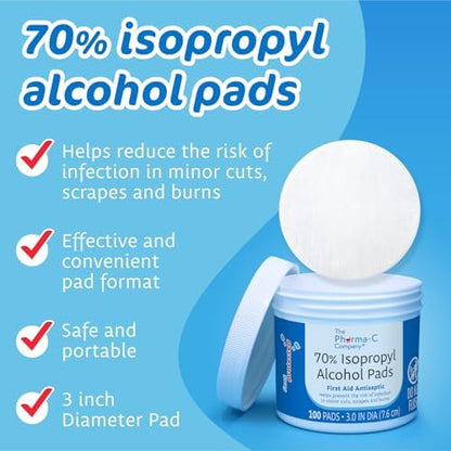 The Pharma-C Company medical grade 70 percent isopropyl alcohol wipes for minor burns and scrapes.