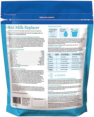 Sav-A-Caf Sav-A-Kid non-medicated goat kid milk replacer formula packaging showing ingredients and feeding instructions