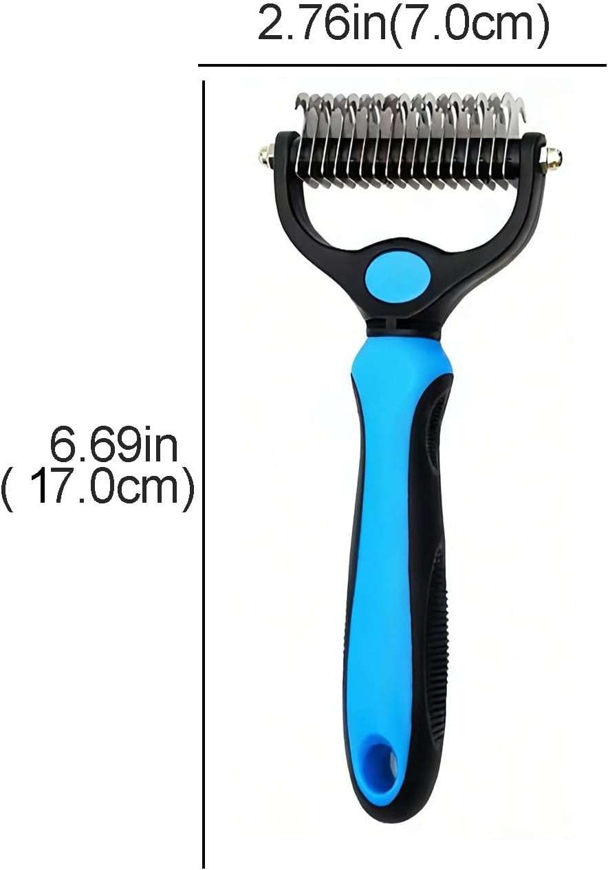 Blue undercoat rake pet grooming brush with non slip rubber handle