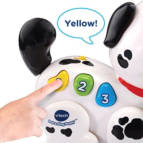 VTech interactive puppy toy showing three colorful side buttons for learning