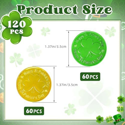 A cluster of 120 pieces of three leaf clover plastic coins arranged on a party table.
