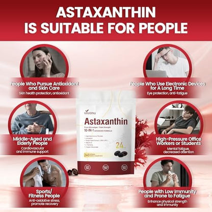 Authentic USA imported VivoNu astaxanthin softgels packaging illustrating skin eye and joint benefits.