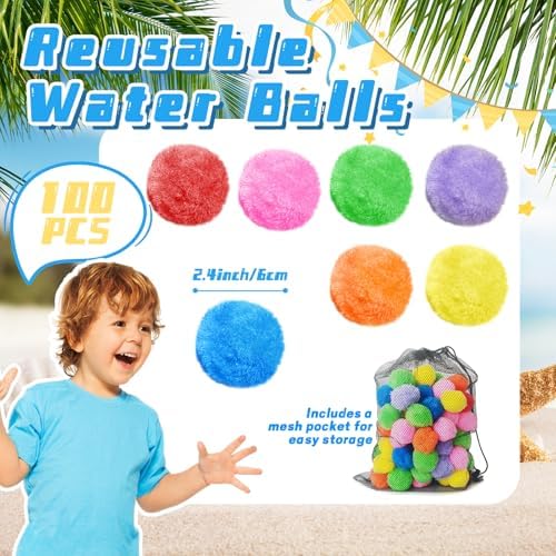 Soft cotton water soaker balls in seven bright colors floating inside a blue backyard swimming pool.