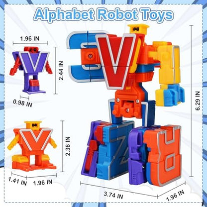 Transformable ABC letter blocks morphing into colorful robot action figures