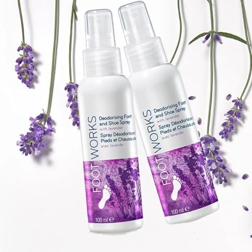 Lavender and tea tree oil foot spray bottle showing 100ml size packaging.
