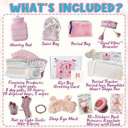 Pink period starter kit including sanitary pads and a knitted hot water bottle cover.