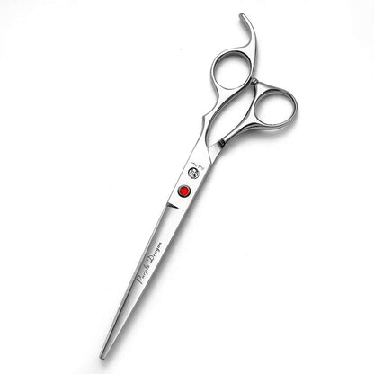 Premium Japanese 440C stainless steel blades of Purple Dragon professional salon scissors close up view.